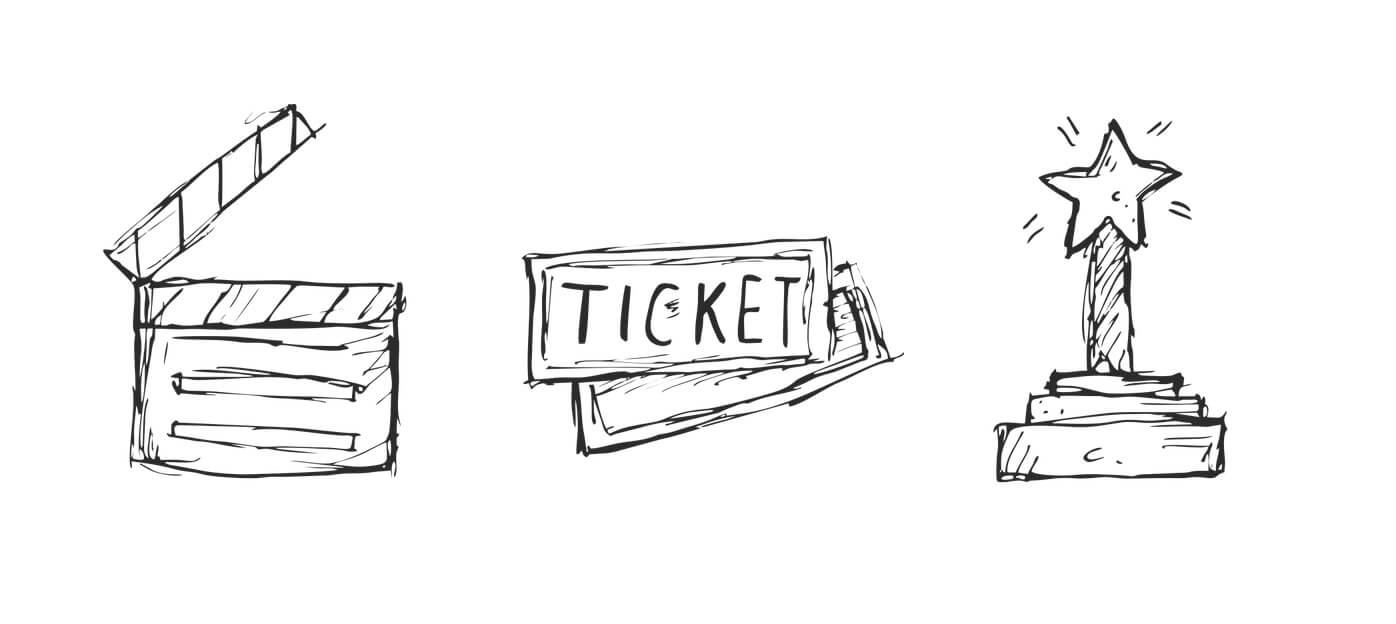Dibujos de una claqueta, entradas de cine y estatuilla de premio para simbolizar qué factores influyen en el idioma de una película