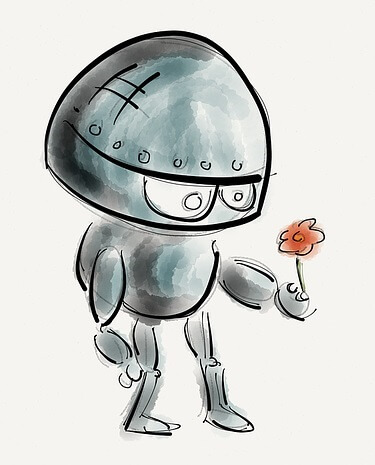 Dibujo de un robot mirando una flor en su mano