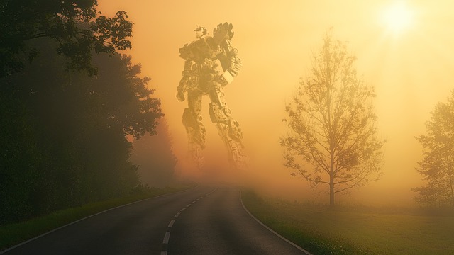 Al final de la carretera, entre una neblina, está de pie un robot humanoide muy grande. A los lados, campo y árboles. En lo alto, el sol, que da un tono amarillo y rojillo a la lejanía